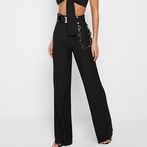 RIBBED WIDE LEG TROUSERS WITH CHAIN - BLACK